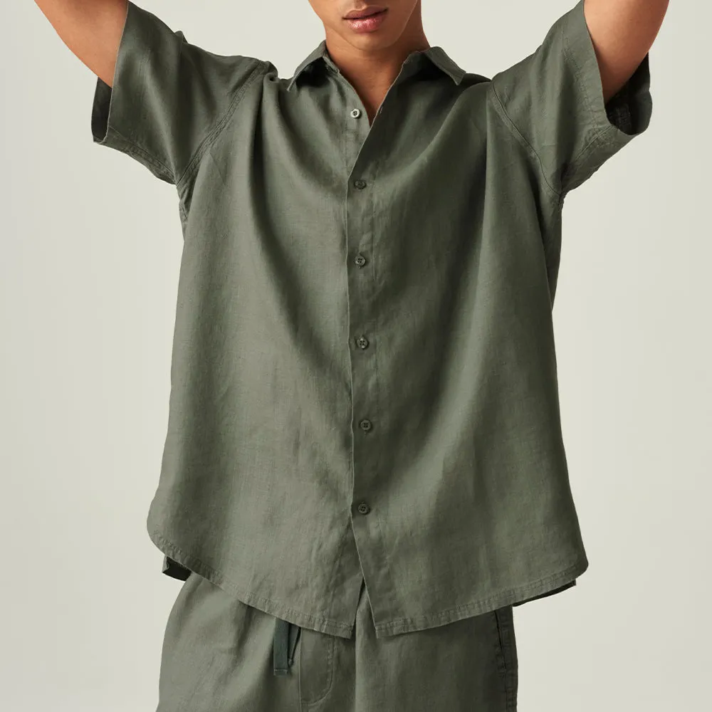100% Linen Short Sleeve Sleepwear Set in Khaki - Mens