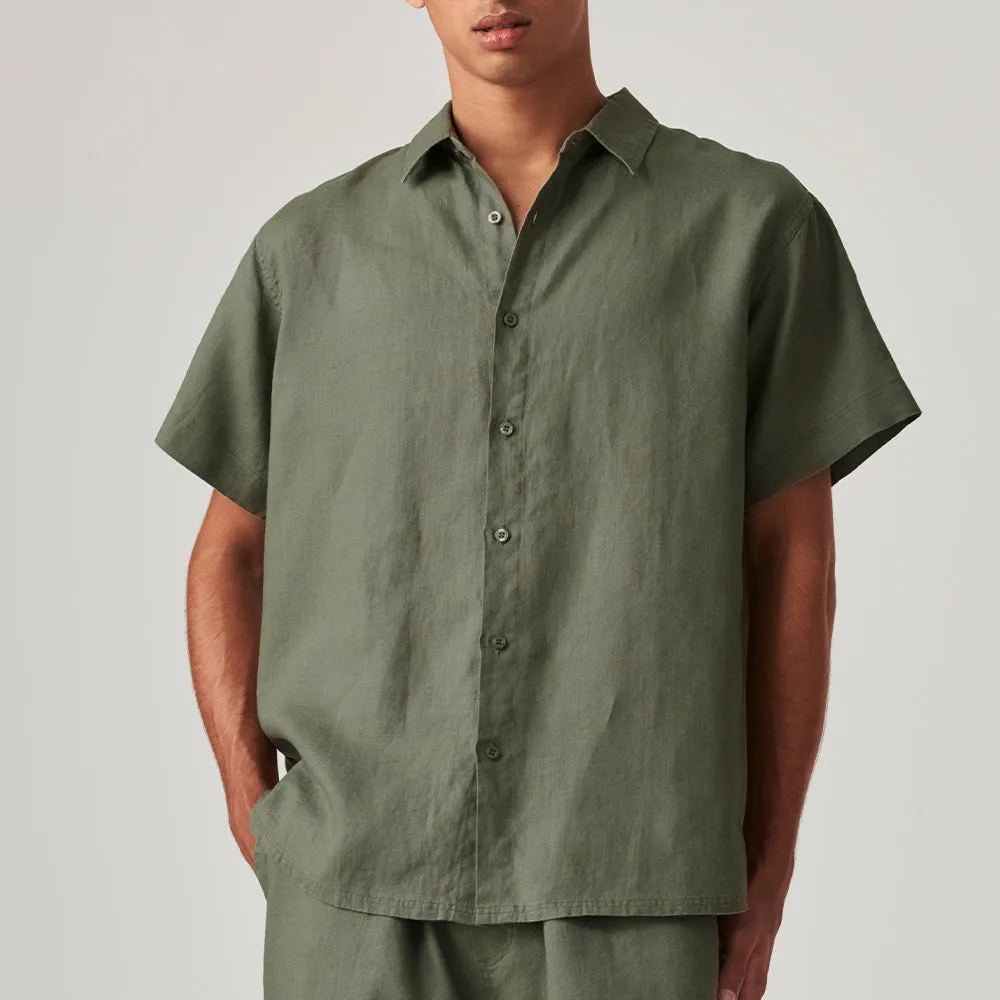 100% Linen Short Sleeve Sleepwear Set in Khaki - Mens