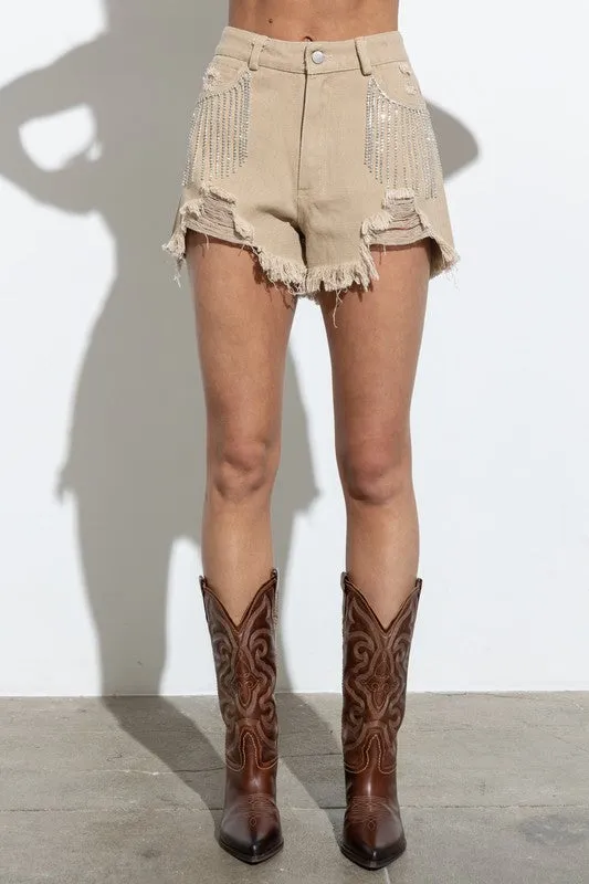 Carolina Girl Frayed Rhinestone Denim Shorts