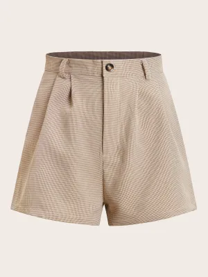 Casual Houndstooth Zipper Natural Women Shorts