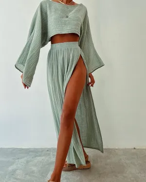 Chic slit cotton and linen casual two-piece set