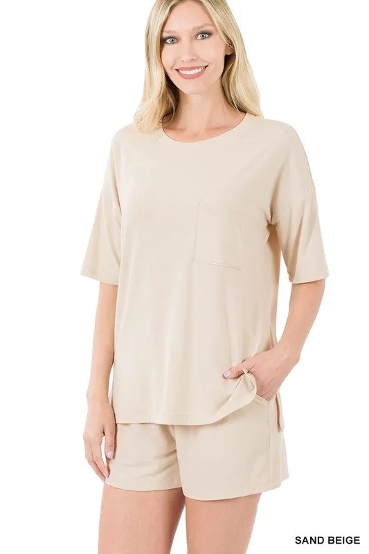 DROP SHOULDER TOP & DRAWSTRING WAIST SHORTS SET