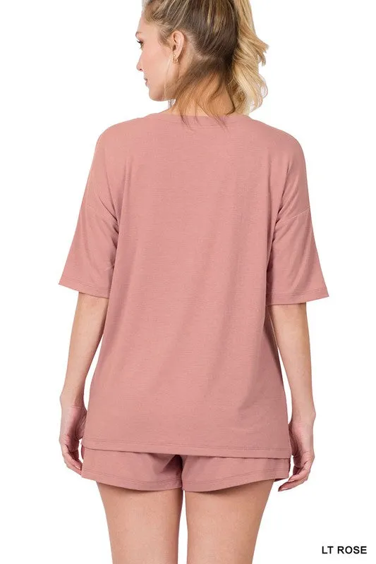 DROP SHOULDER TOP & DRAWSTRING WAIST SHORTS SET