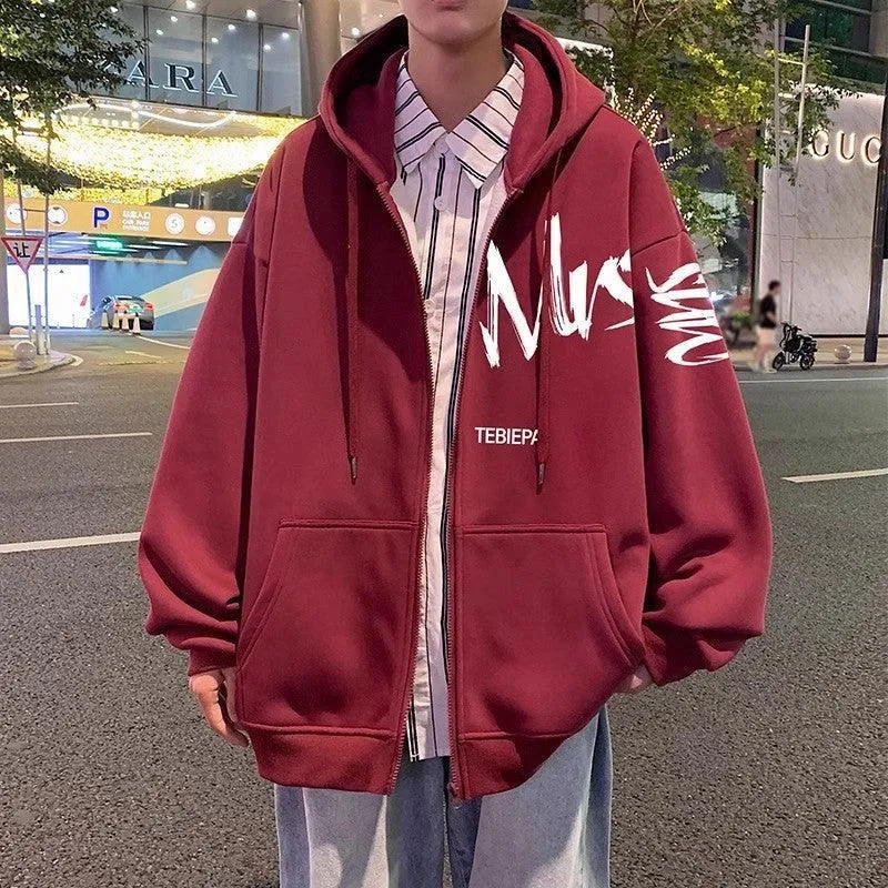 Hong Kong Style Letter Printed Full Zip Hoodie – Cozy & Stylish Outerwear for Youth