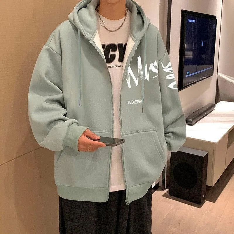 Hong Kong Style Letter Printed Full Zip Hoodie – Cozy & Stylish Outerwear for Youth
