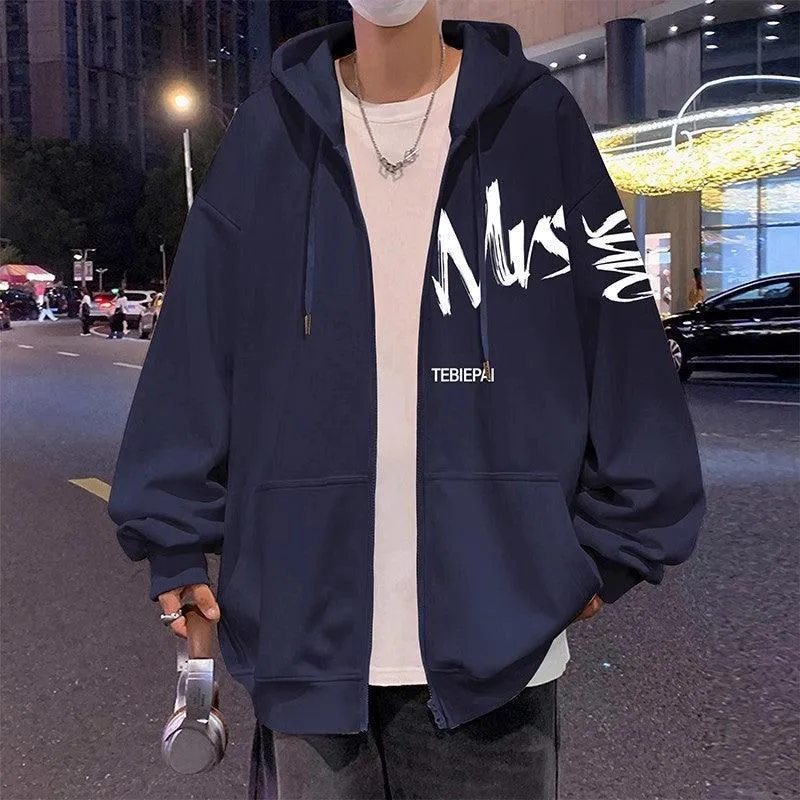 Hong Kong Style Letter Printed Full Zip Hoodie – Cozy & Stylish Outerwear for Youth