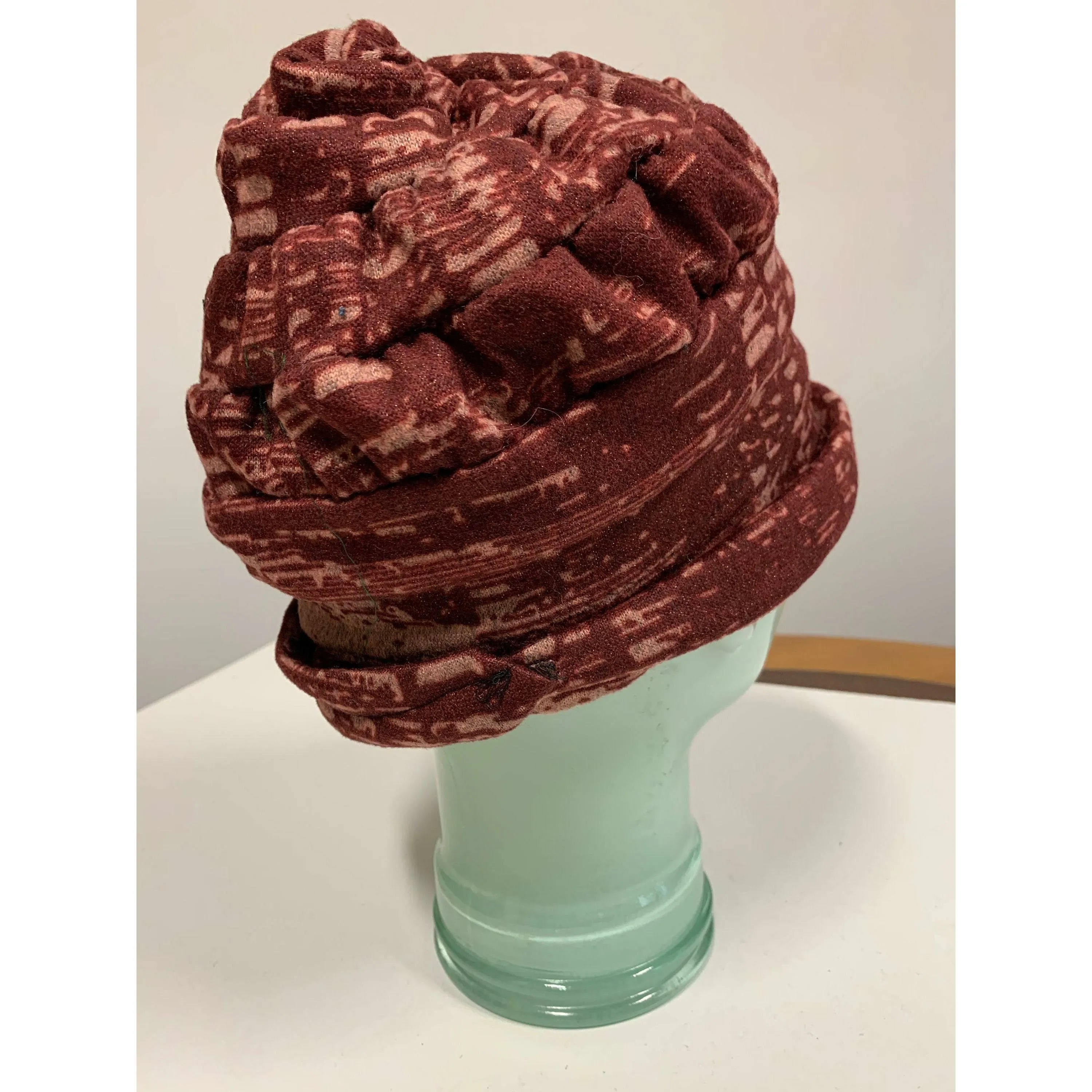 Hypo allergenic cozy soft warm free form maroon print hat. No wool. Free shipping.