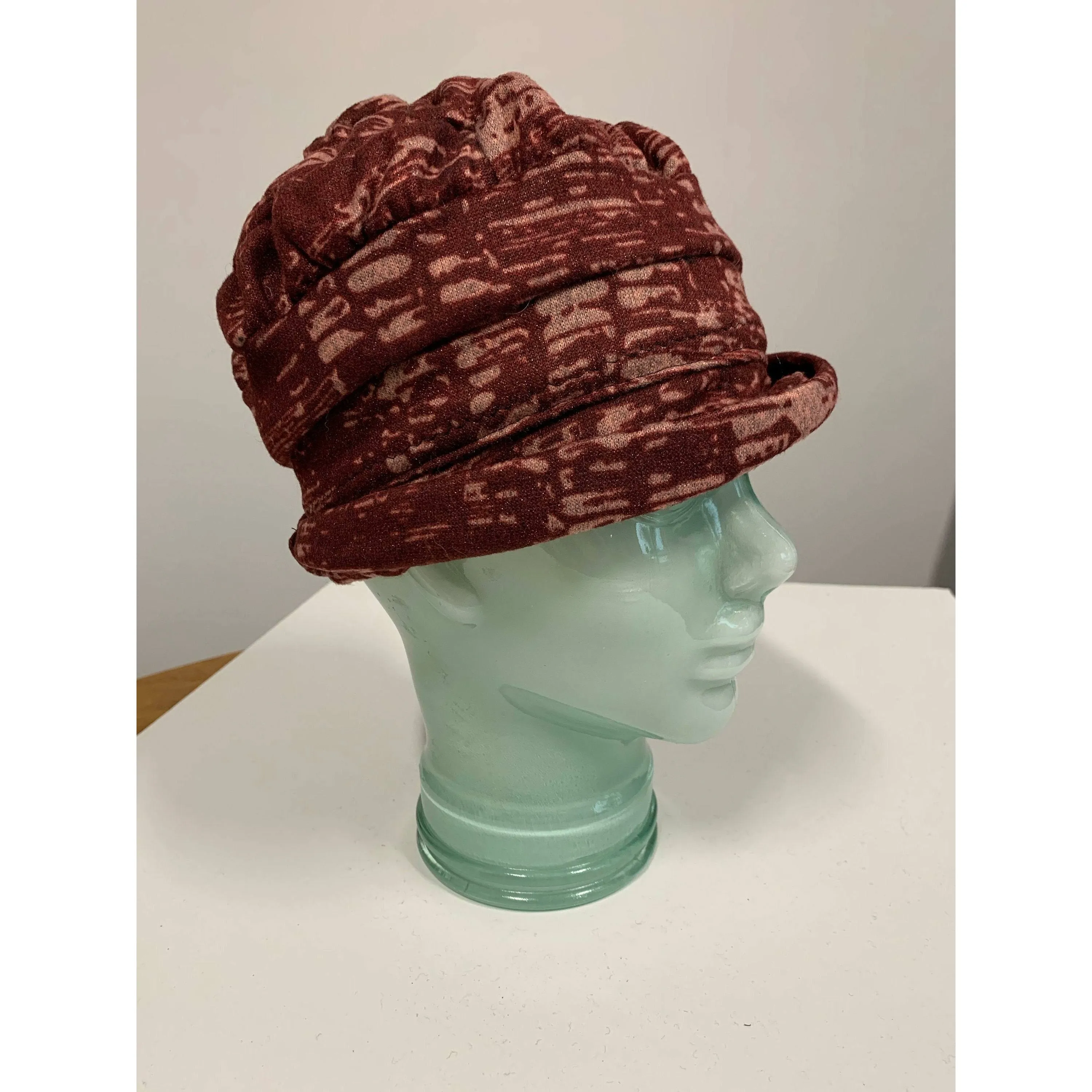 Hypo allergenic cozy soft warm free form maroon print hat. No wool. Free shipping.
