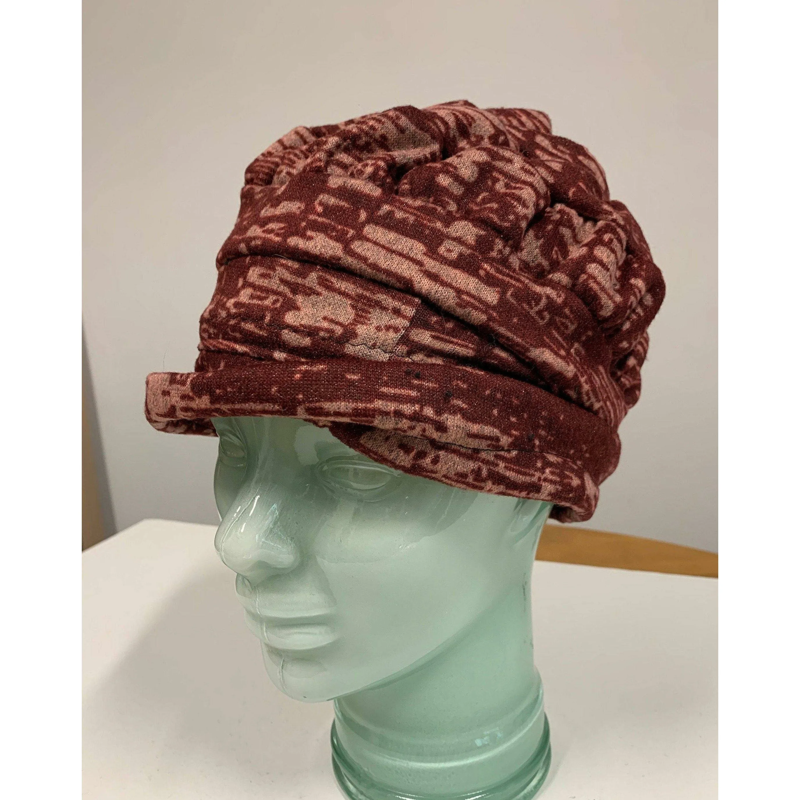 Hypo allergenic cozy soft warm free form maroon print hat. No wool. Free shipping.