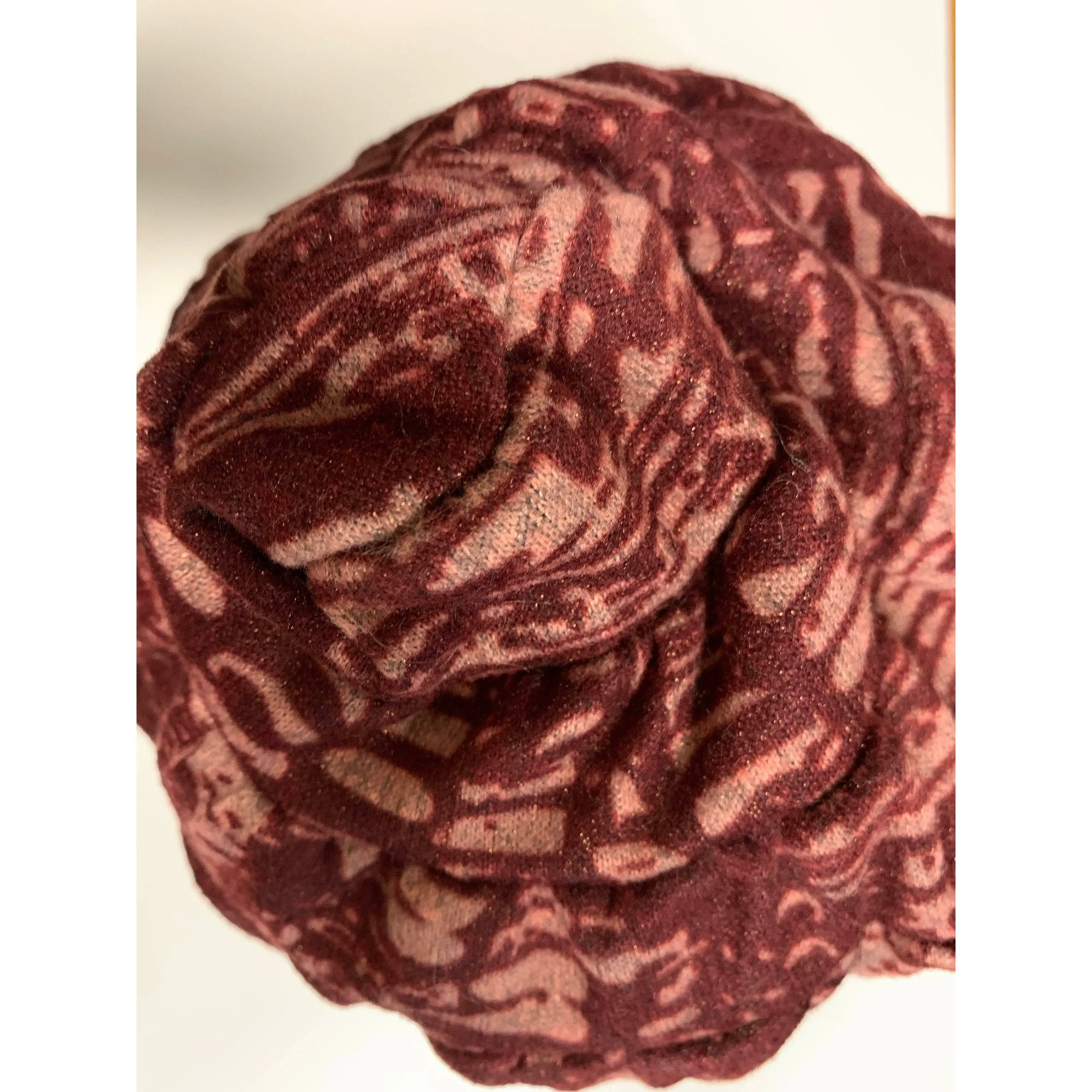 Hypo allergenic cozy soft warm free form maroon print hat. No wool. Free shipping.