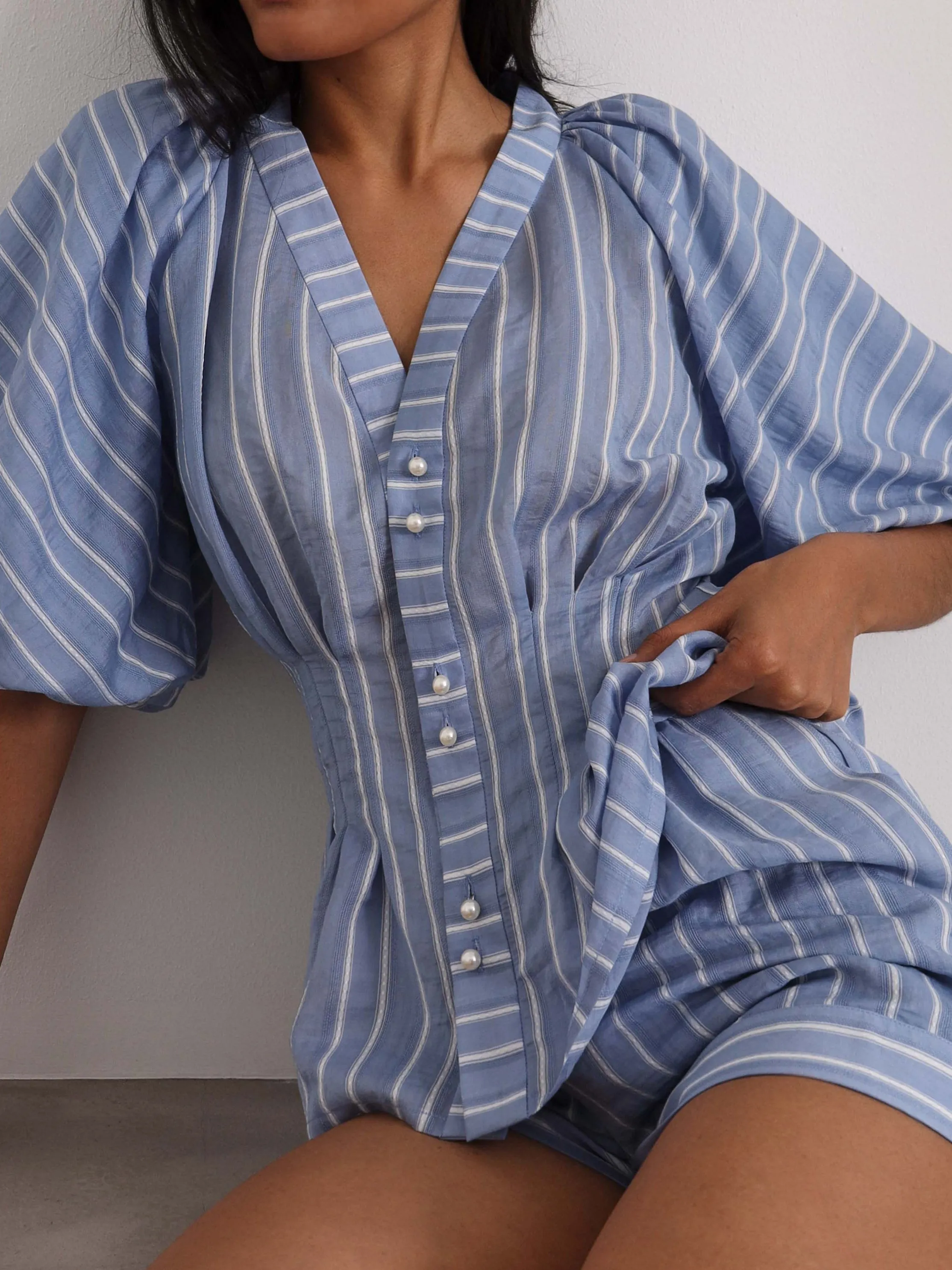 Skye Volume Sleeve Stripe Top | Blue/White