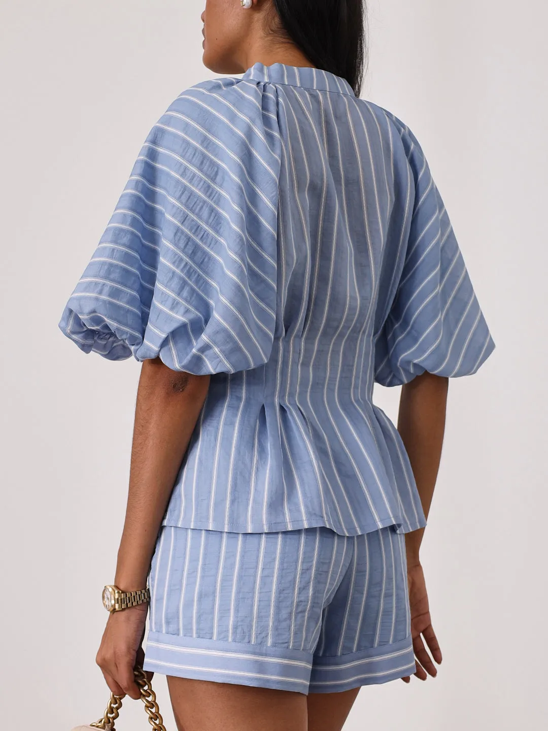 Skye Volume Sleeve Stripe Top | Blue/White