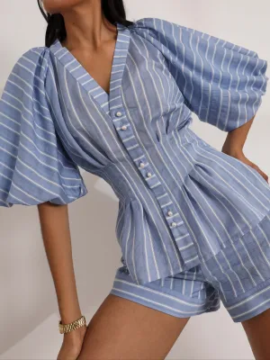 Skye Volume Sleeve Stripe Top | Blue/White
