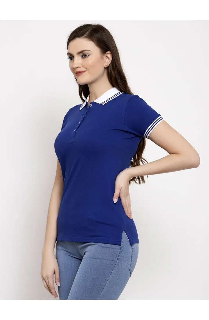Women Royal Blue & White Polo Collar T-shirt